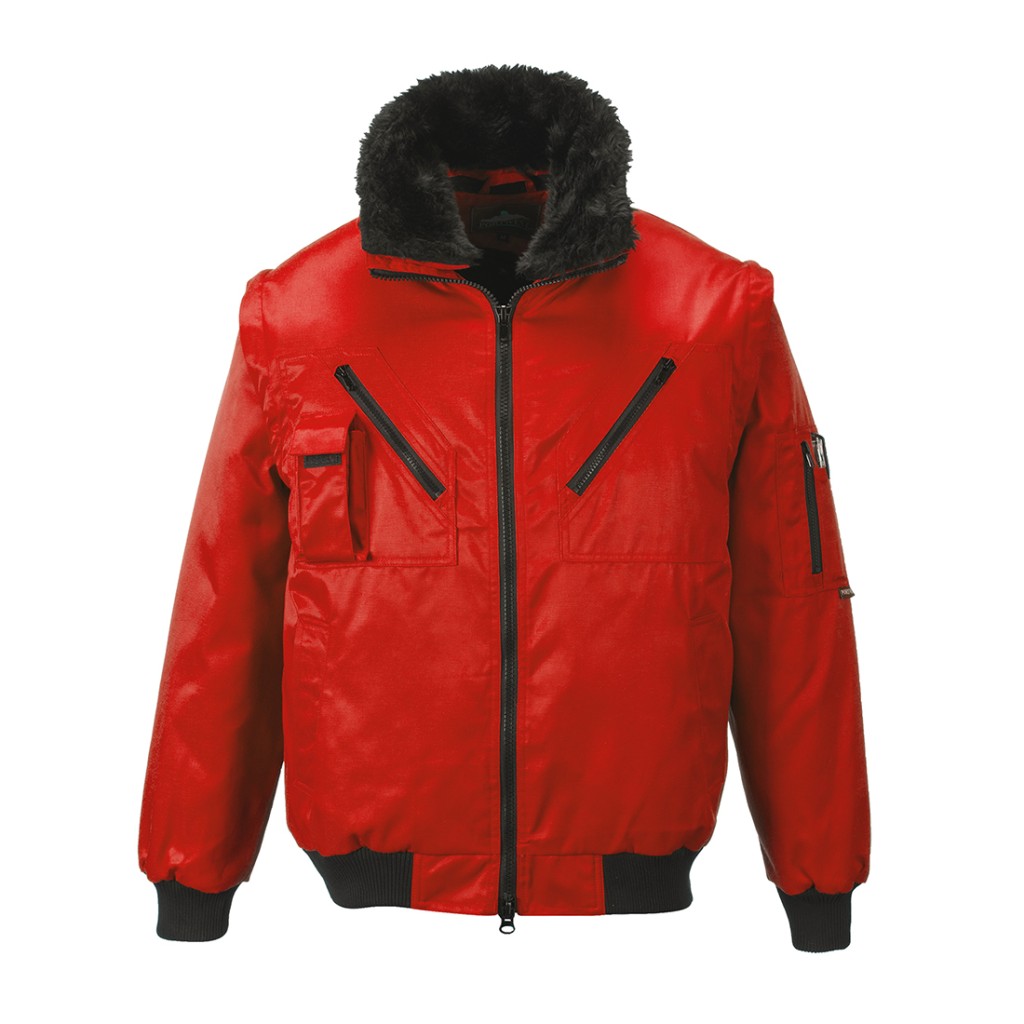 A red jacket designed for use on construction sites and in industrial work environments.,