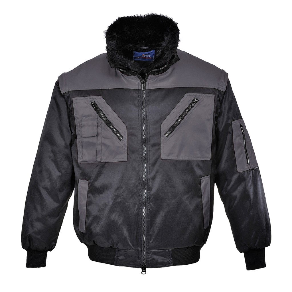 A black jacket designed for use on construction sites and in industrial work environments.,