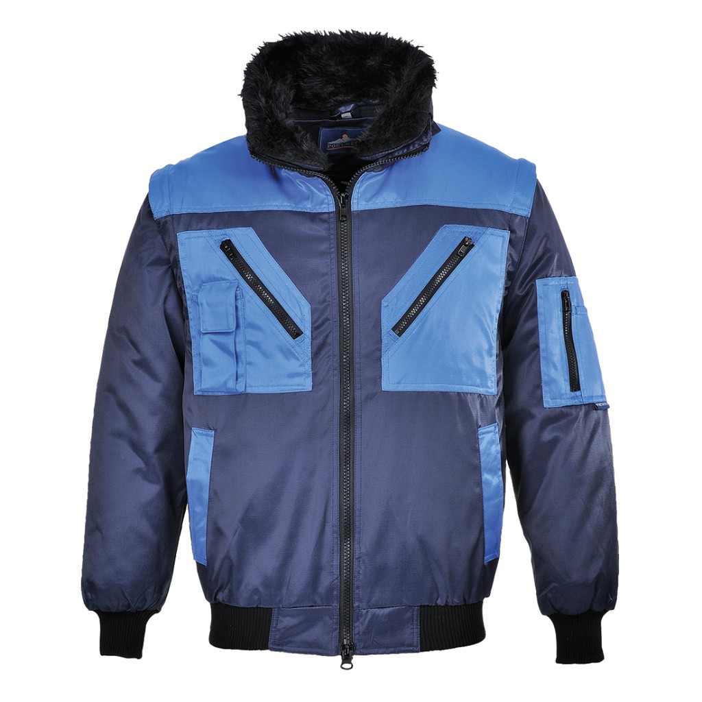 A navy blue jacket designed for use on construction sites and in industrial work environments.,