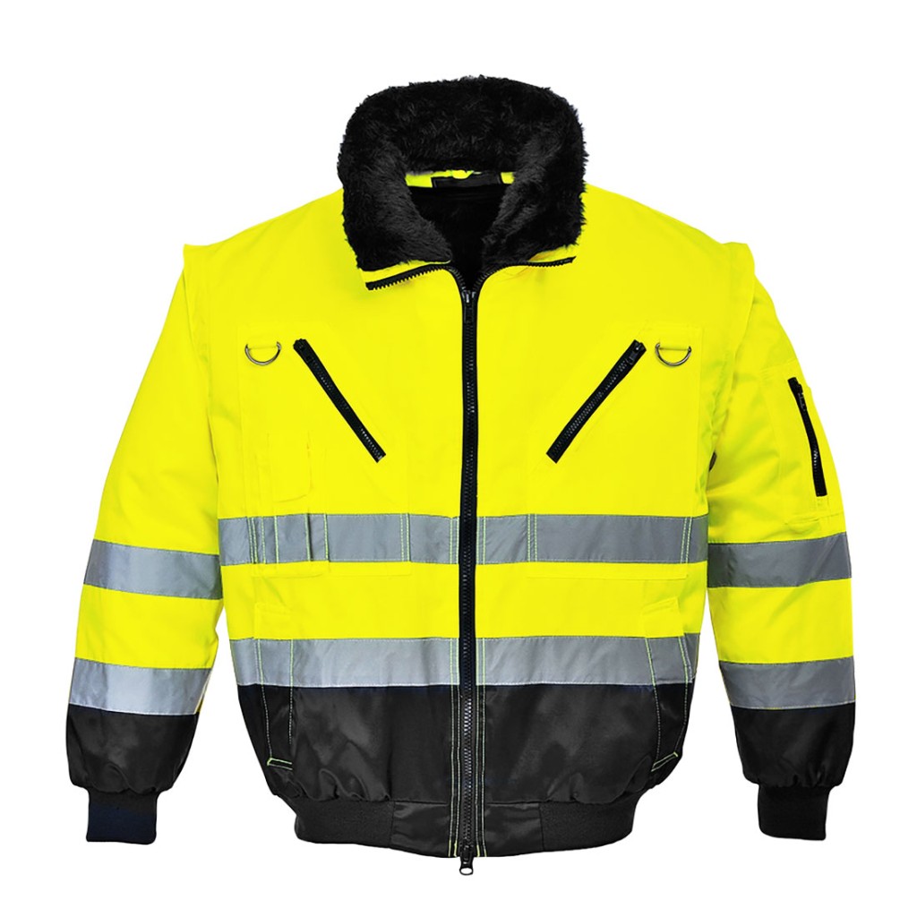 A high-visibility yellow jacket featuring retroreflective tape panels, suitable for a wide range of outdoor and site work applications.