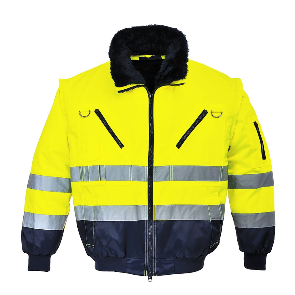 A high-visibility yellow jacket featuring retroreflective tape panels, suitable for a wide range of outdoor and site work applications.