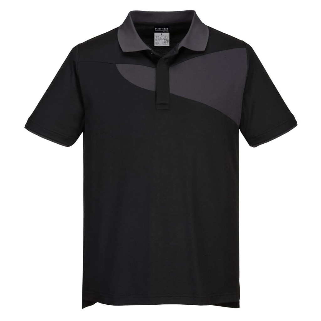 A black polo shirt designed for use on construction sites and in industrial work environments.,