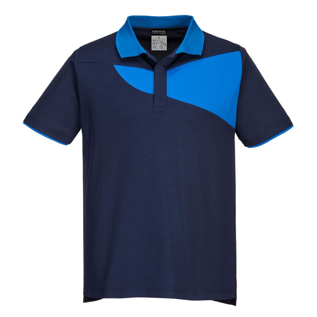 A navy blue polo shirt designed for use on construction sites and in industrial work environments.,