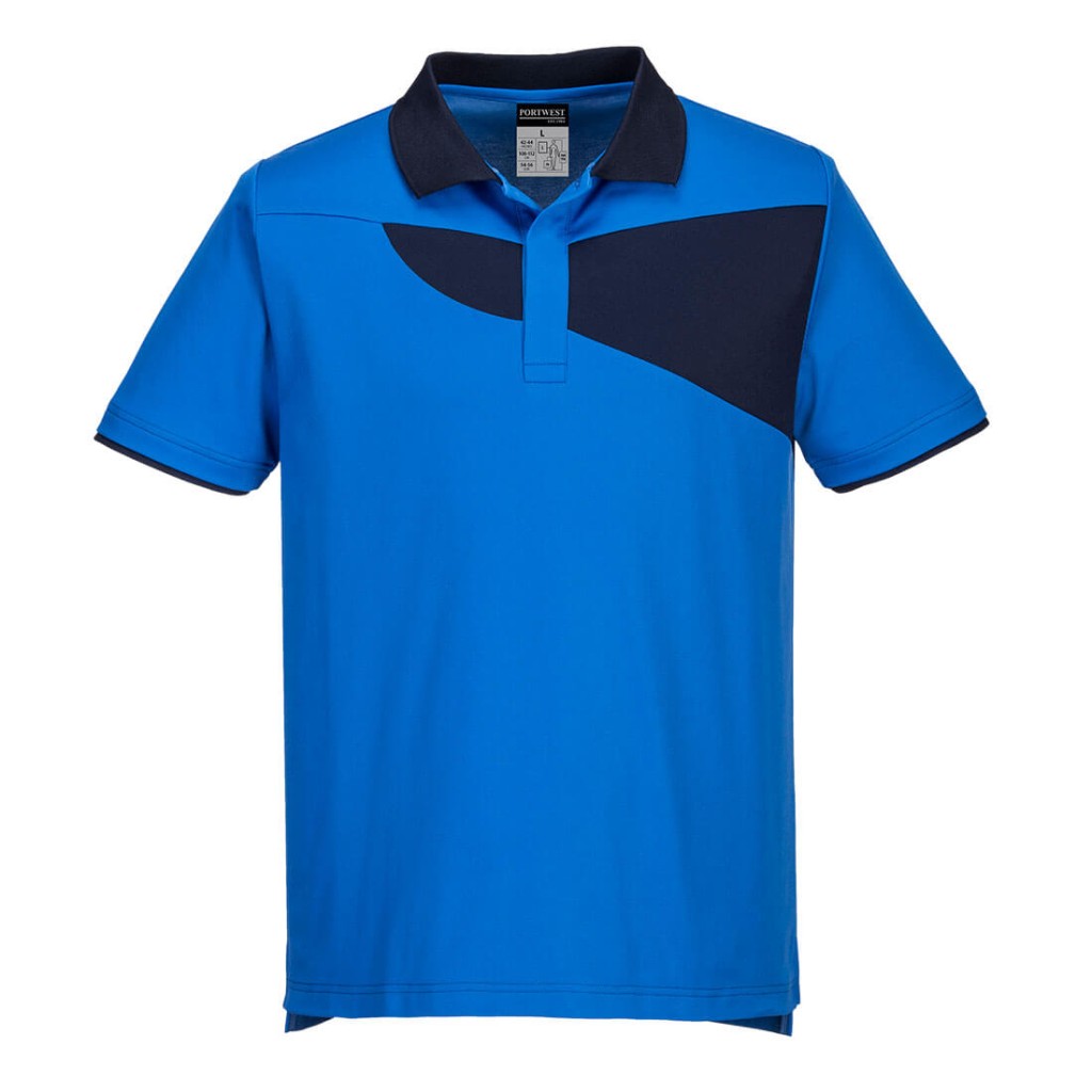 A navy blue polo shirt designed for use on construction sites and in industrial work environments.,