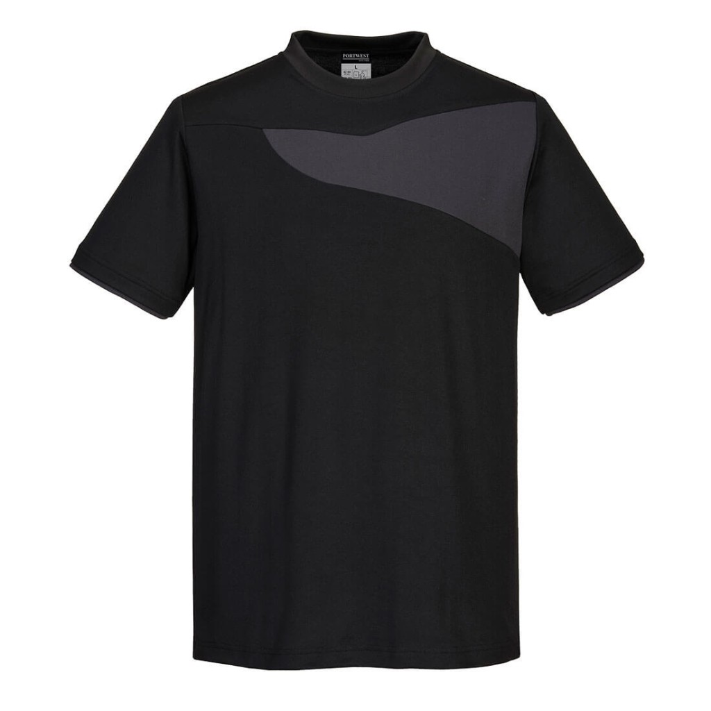 A black work shirt designed for use on construction sites and in industrial work environments.,
