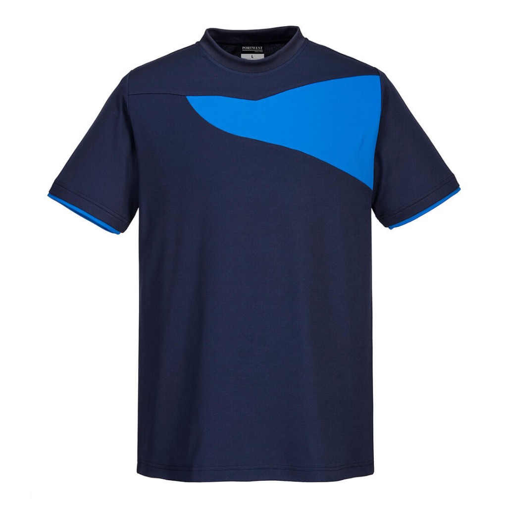 A navy blue work shirt designed for use on construction sites and in industrial work environments.,