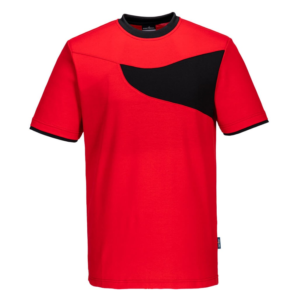 A red work shirt designed for use on construction sites and in industrial work environments.,
