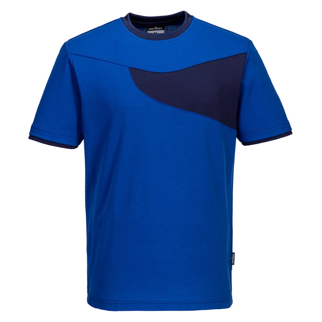 A navy blue work shirt designed for use on construction sites and in industrial work environments.,