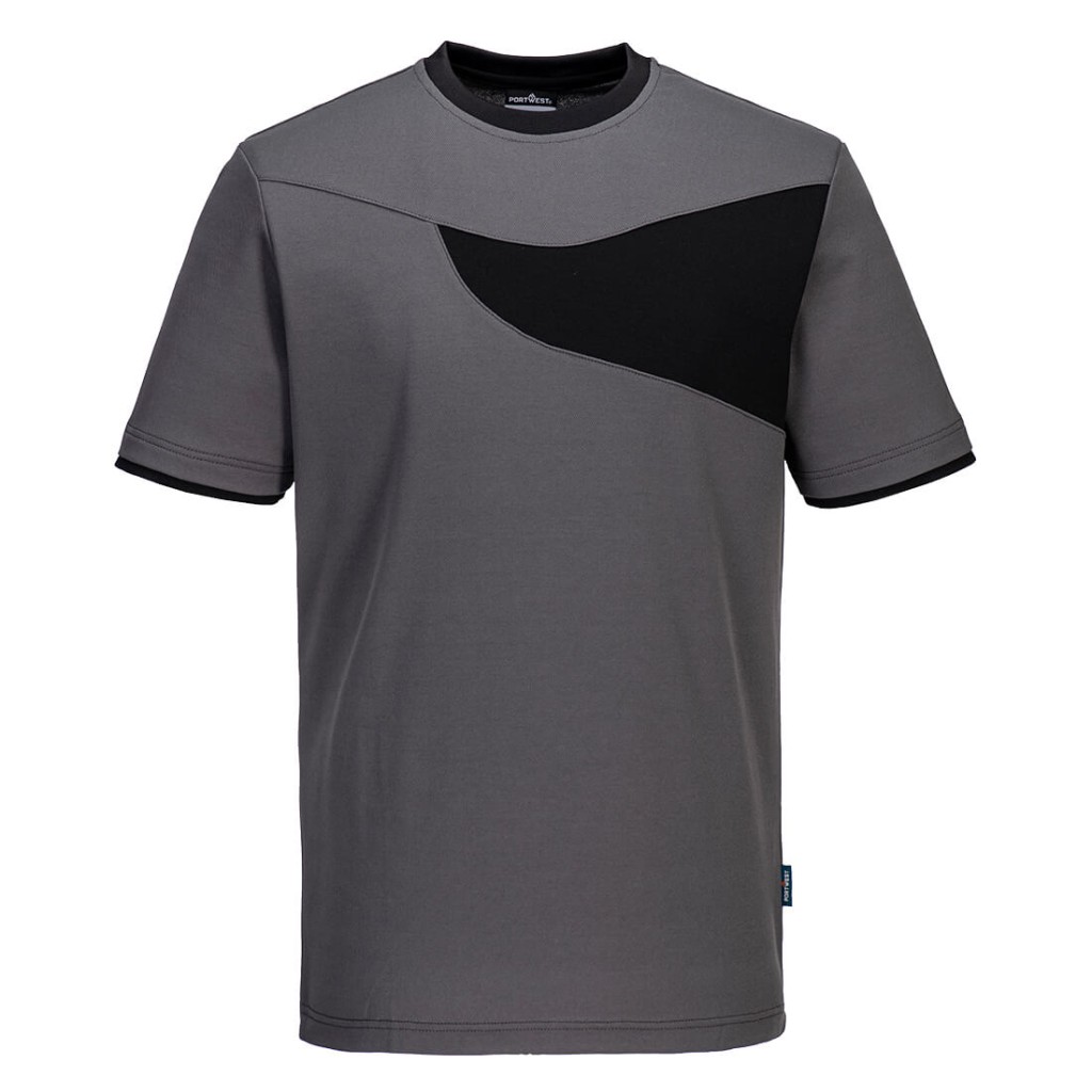 A grey work shirt designed for use on construction sites and in industrial work environments.,