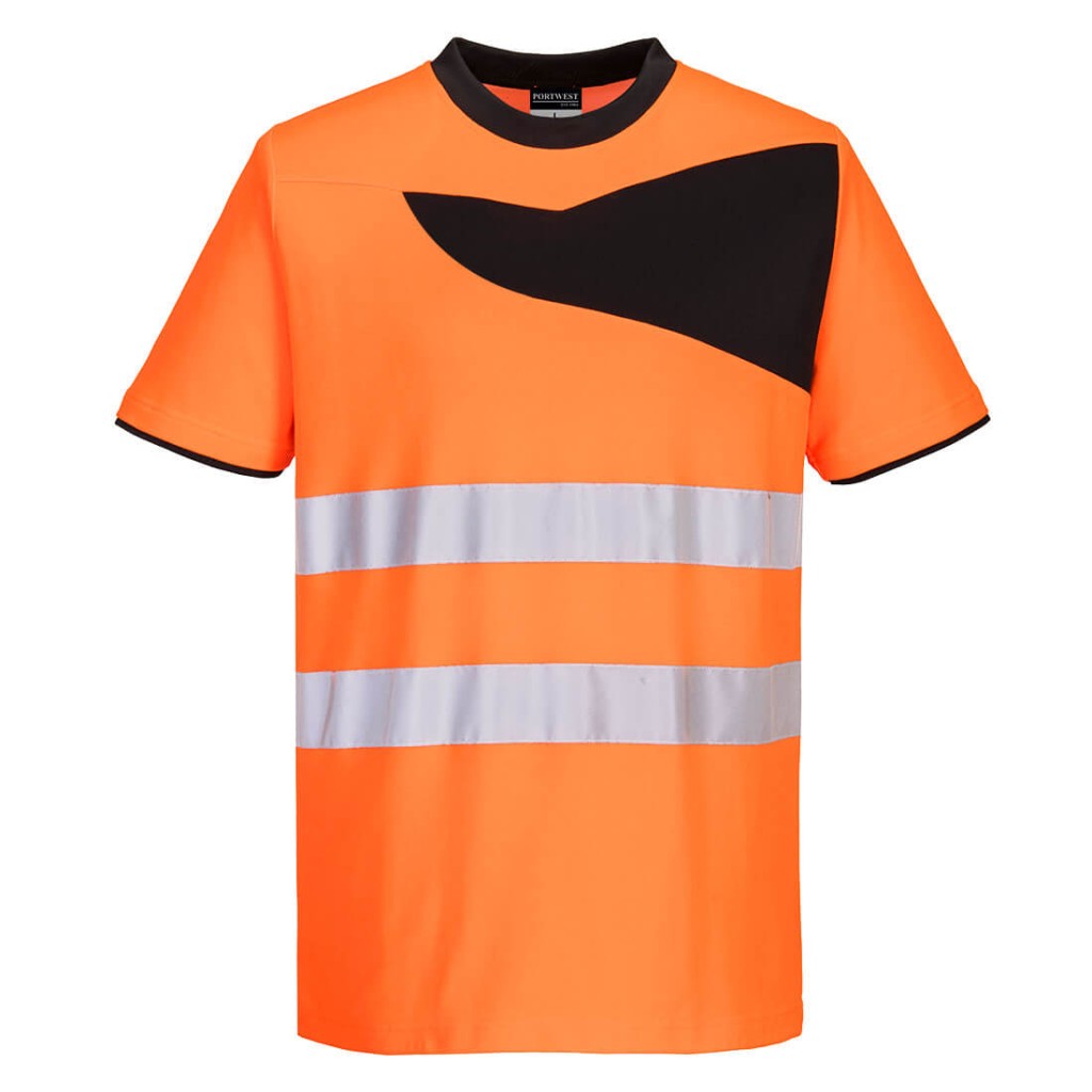 A high-visibility orange work shirt featuring retroreflective tape panels, suitable for a wide range of outdoor and site work applications.