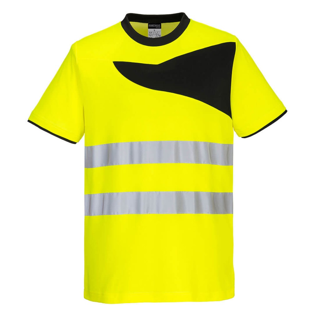 A high-visibility yellow work shirt featuring retroreflective tape panels, suitable for a wide range of outdoor and site work applications.