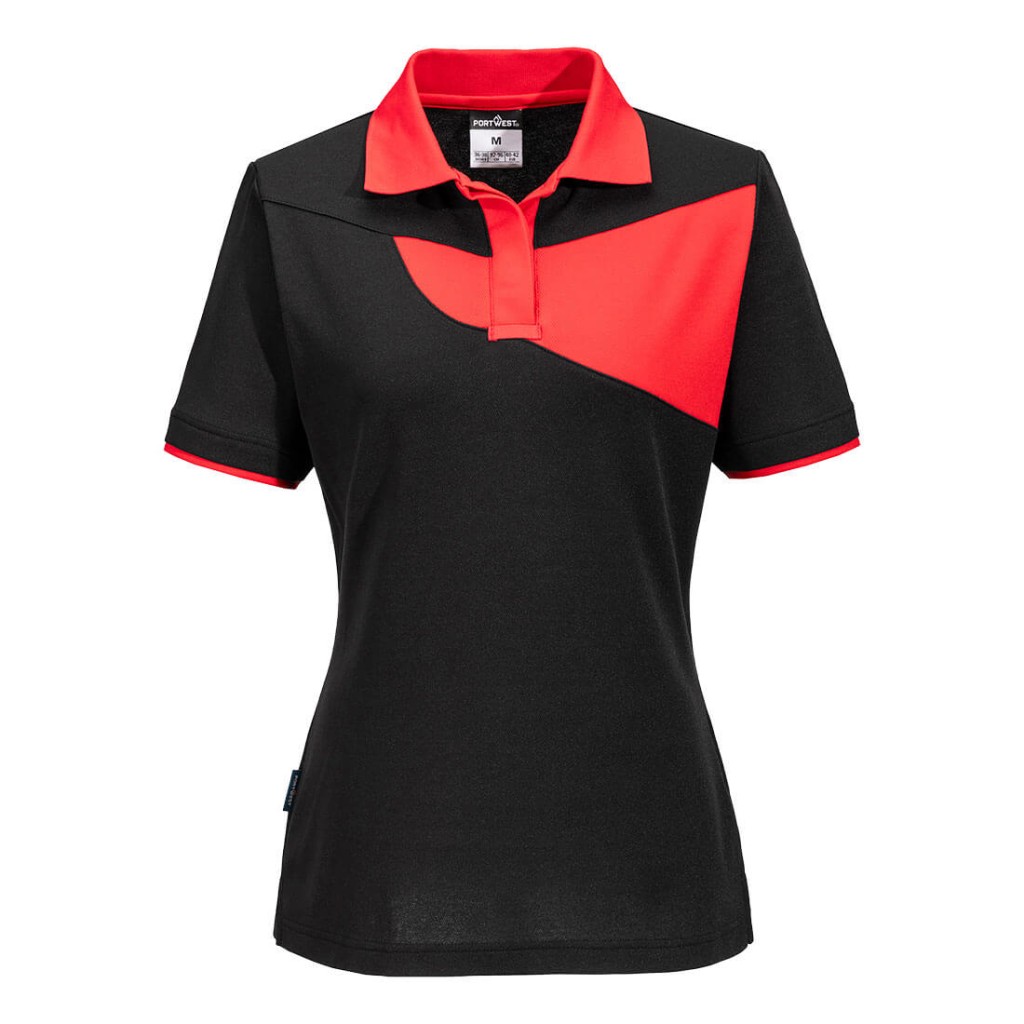 A women's black polo shirt designed for use on construction sites and in industrial work environments.,