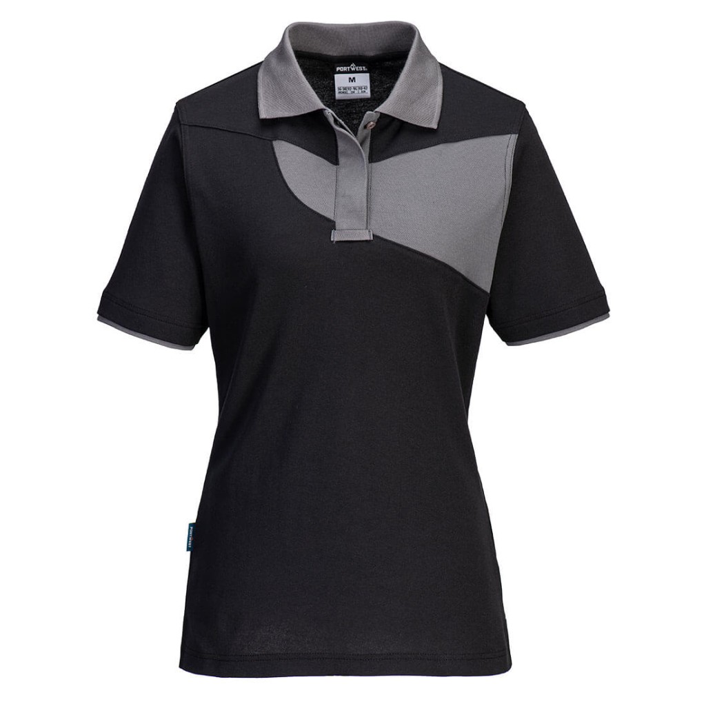 A women's black polo shirt designed for use on construction sites and in industrial work environments.,