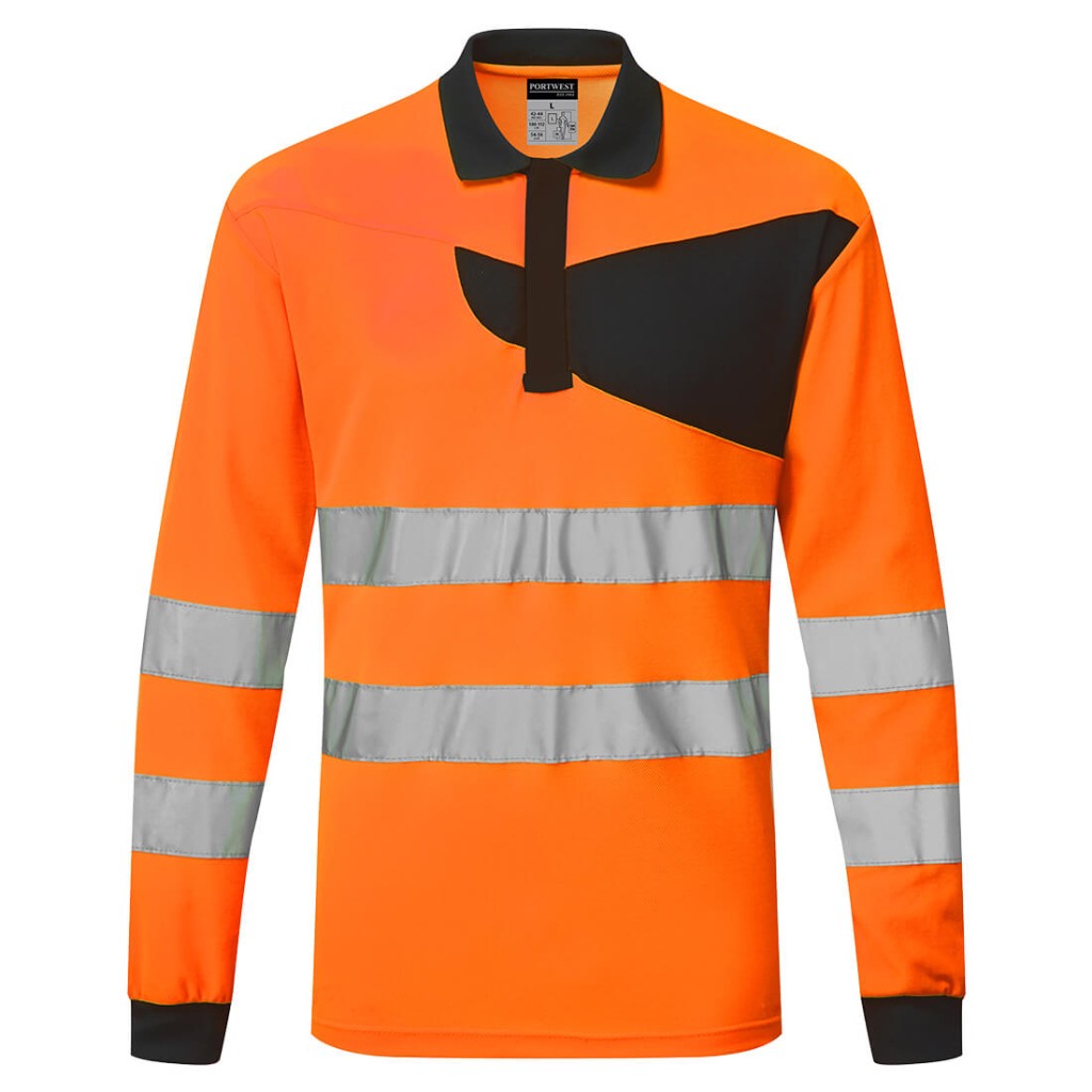 A high-visibility orange polo shirt featuring retroreflective tape panels, suitable for a wide range of outdoor and site work applications.