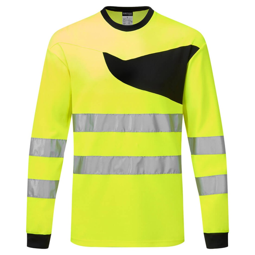 A high-visibility yellow work shirt featuring retroreflective tape panels, suitable for a wide range of outdoor and site work applications.