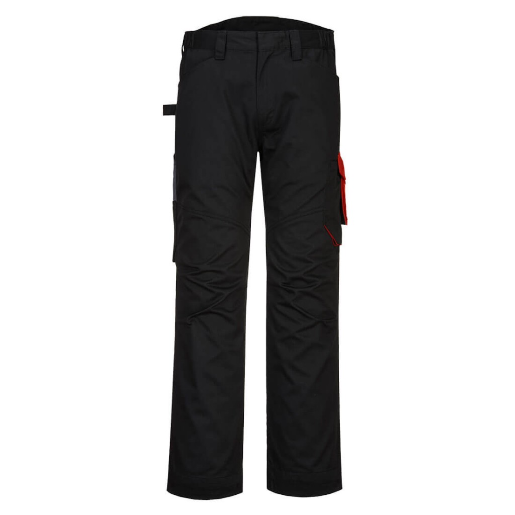 A pair of black work trousers designed for use on construction sites and in industrial work environments.,