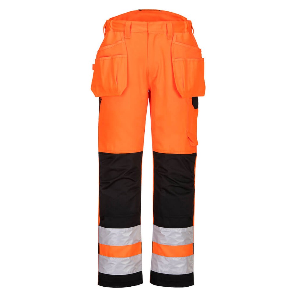 A pair of high-visibility orange trousers featuring retroreflective tape panels, functional pockets, suitable for a wide range of outdoor and site work applications.