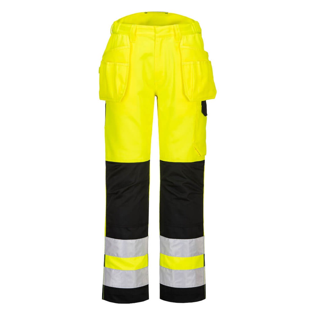 A pair of high-visibility yellow trousers featuring retroreflective tape panels, functional pockets, suitable for a wide range of outdoor and site work applications.