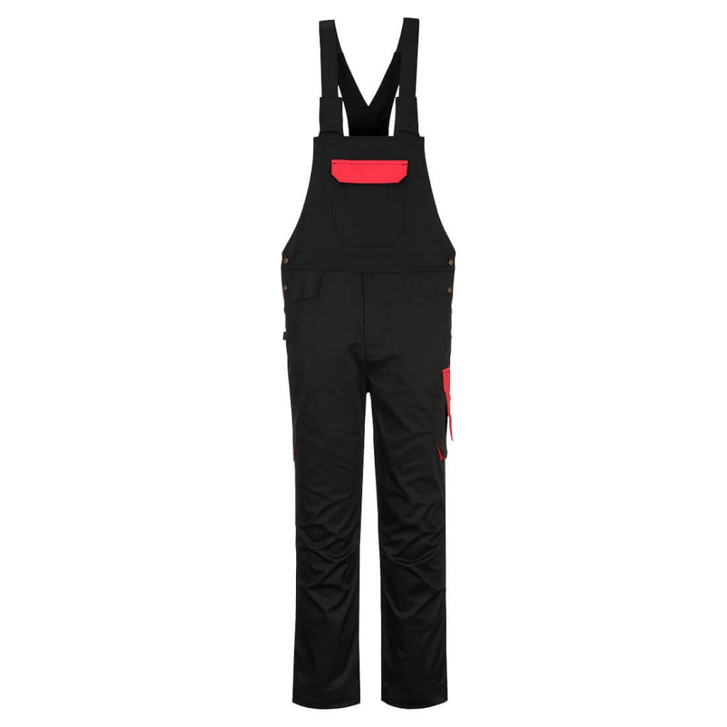 A black workwear garment designed for use on construction sites and in industrial work environments.,
