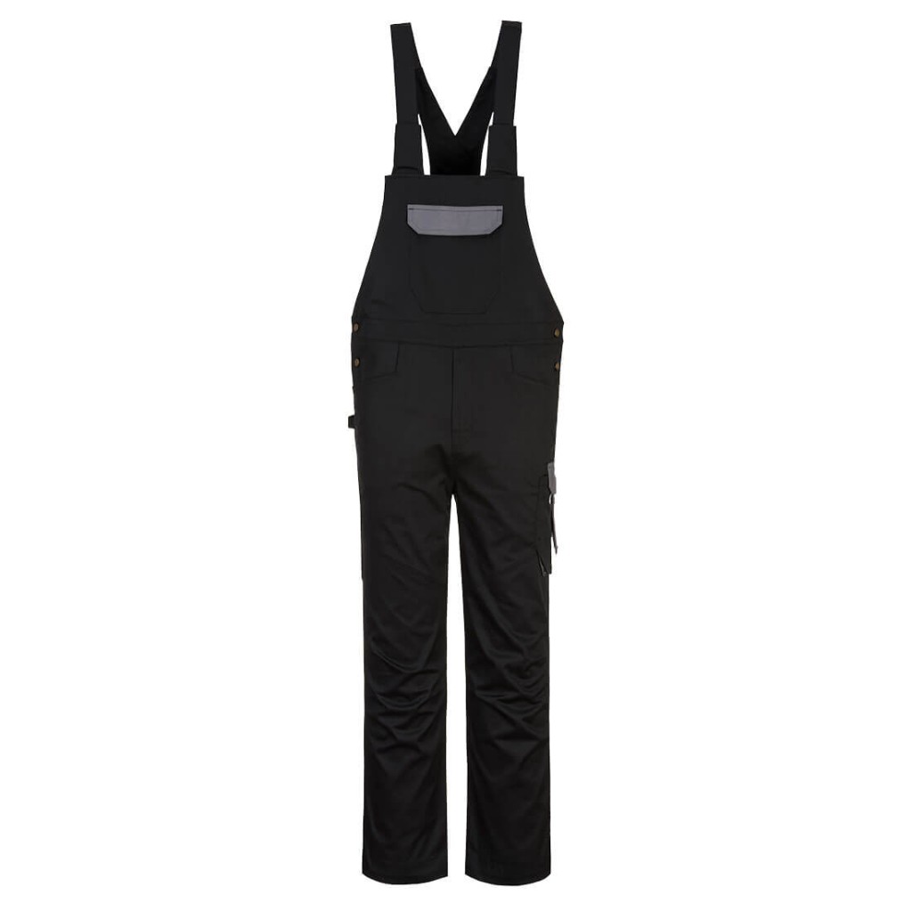A black workwear garment designed for use on construction sites and in industrial work environments.,