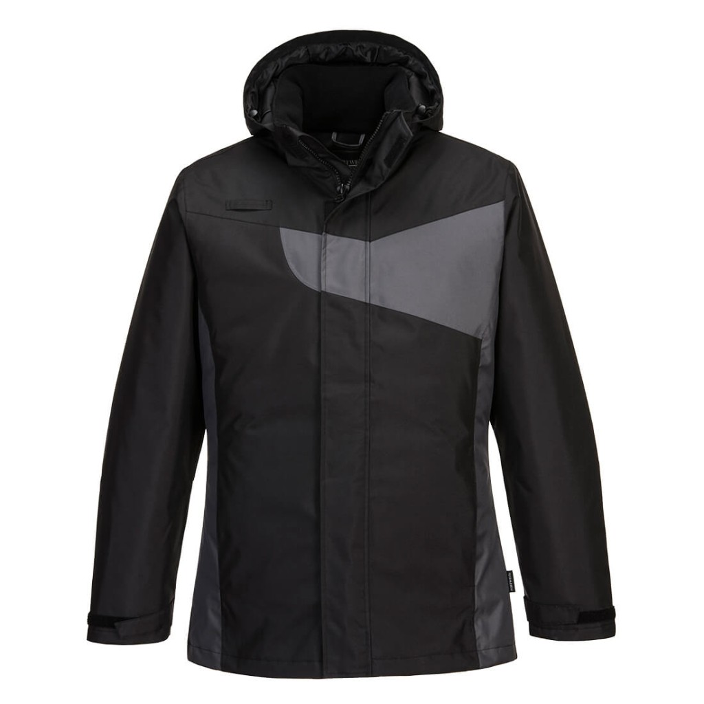 A black jacket designed for use on construction sites and in industrial work environments.,