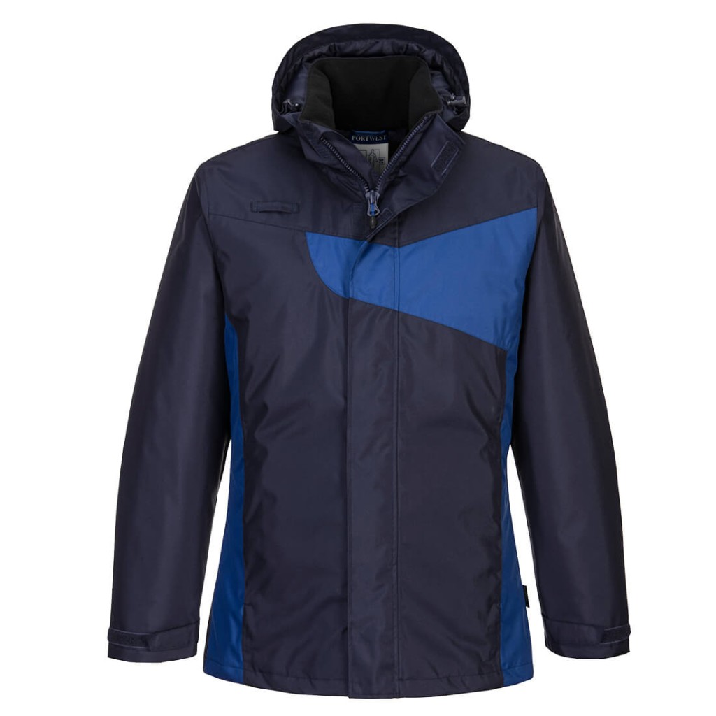 A navy blue jacket designed for use on construction sites and in industrial work environments.,