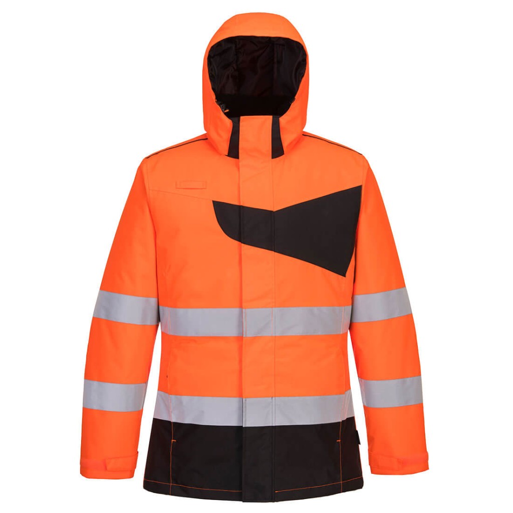 A high-visibility orange jacket featuring retroreflective tape panels, suitable for a wide range of outdoor and site work applications.