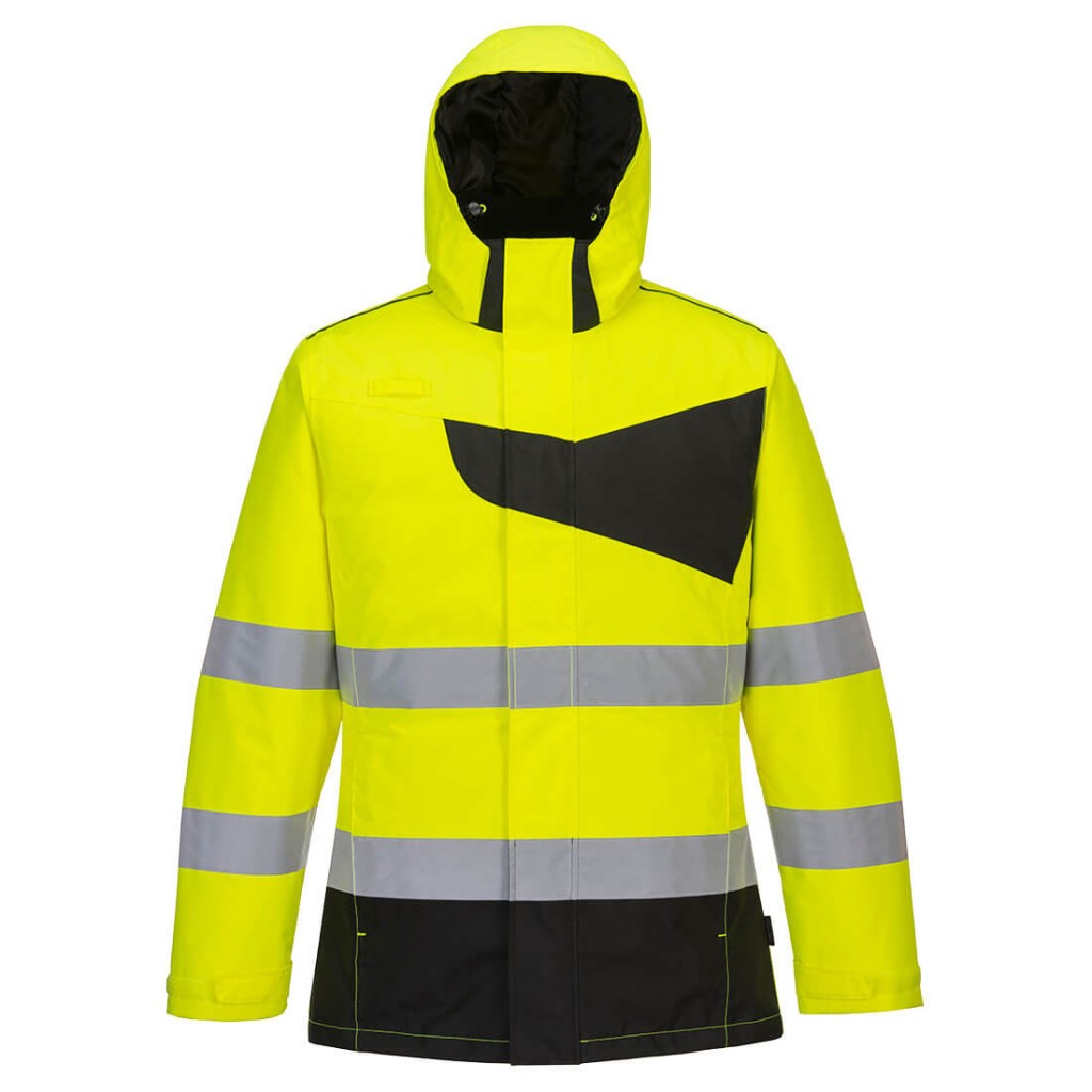 A high-visibility yellow jacket featuring retroreflective tape panels, suitable for a wide range of outdoor and site work applications.