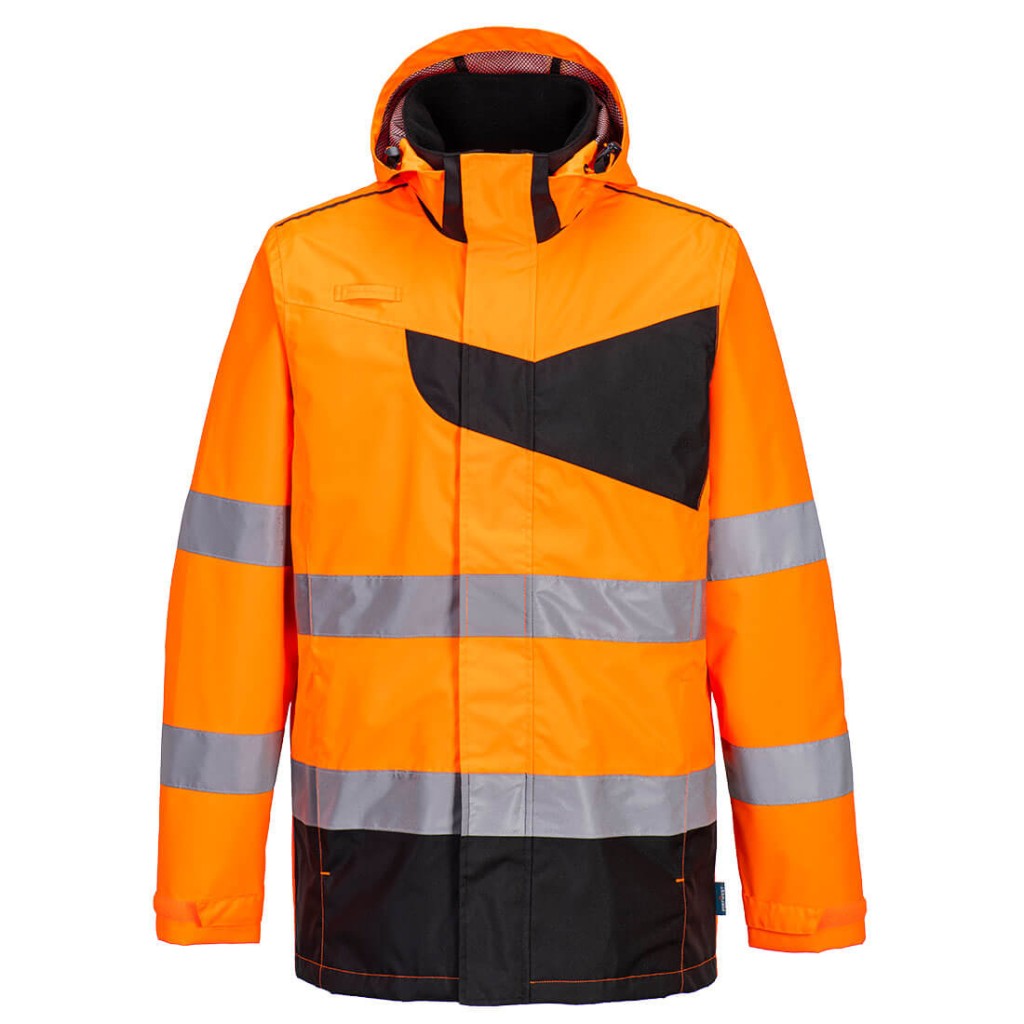 A high-visibility orange waterproof jacket featuring retroreflective tape panels, suitable for a wide range of outdoor and site work applications.