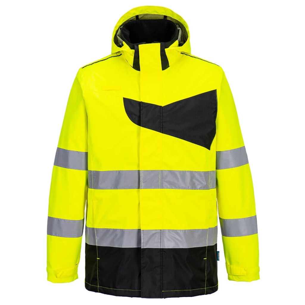 A high-visibility yellow waterproof jacket featuring retroreflective tape panels, suitable for a wide range of outdoor and site work applications.
