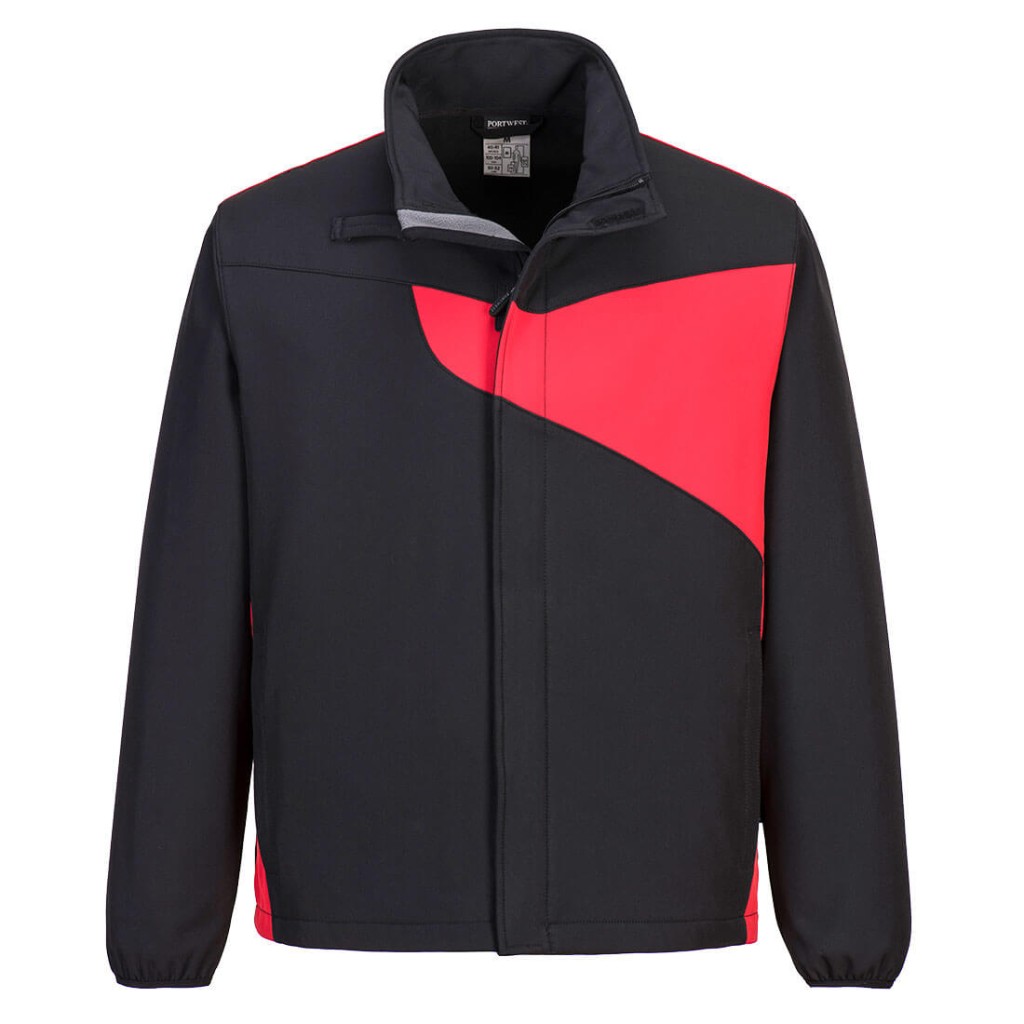 A black softshell jacket designed for use on construction sites and in industrial work environments.,