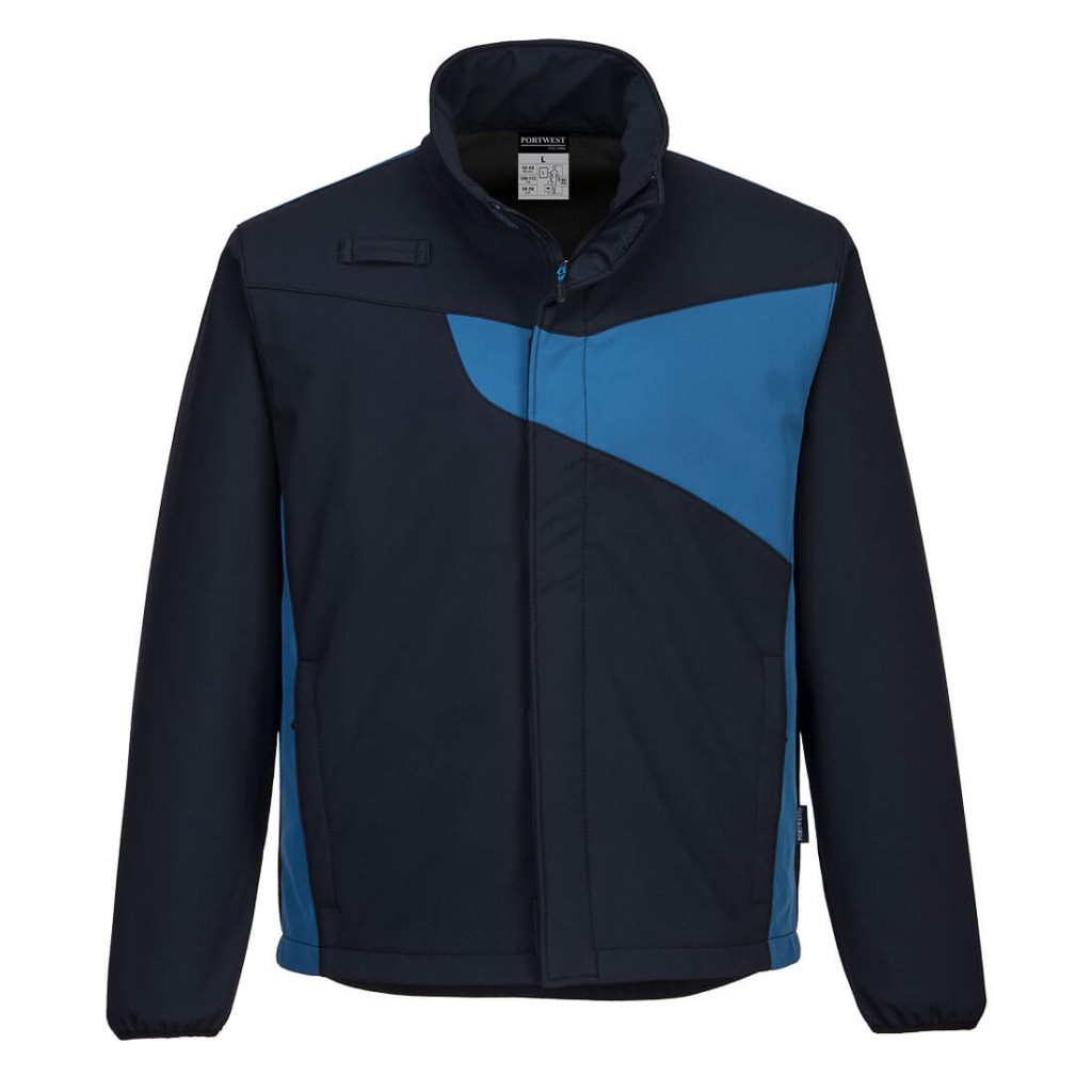 A black softshell jacket designed for use on construction sites and in industrial work environments.,