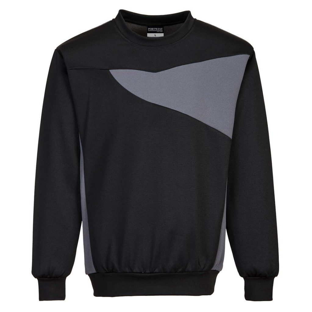 A black work shirt designed for use on construction sites and in industrial work environments.,