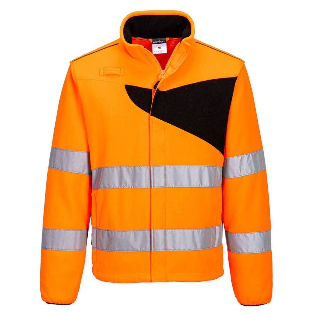 A high-visibility orange workwear garment featuring retroreflective tape panels, suitable for a wide range of outdoor and site work applications.