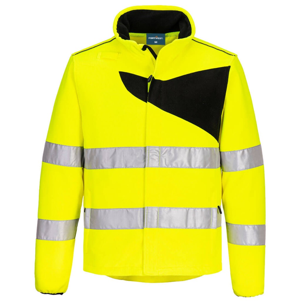 A high-visibility yellow workwear garment featuring retroreflective tape panels, suitable for a wide range of outdoor and site work applications.
