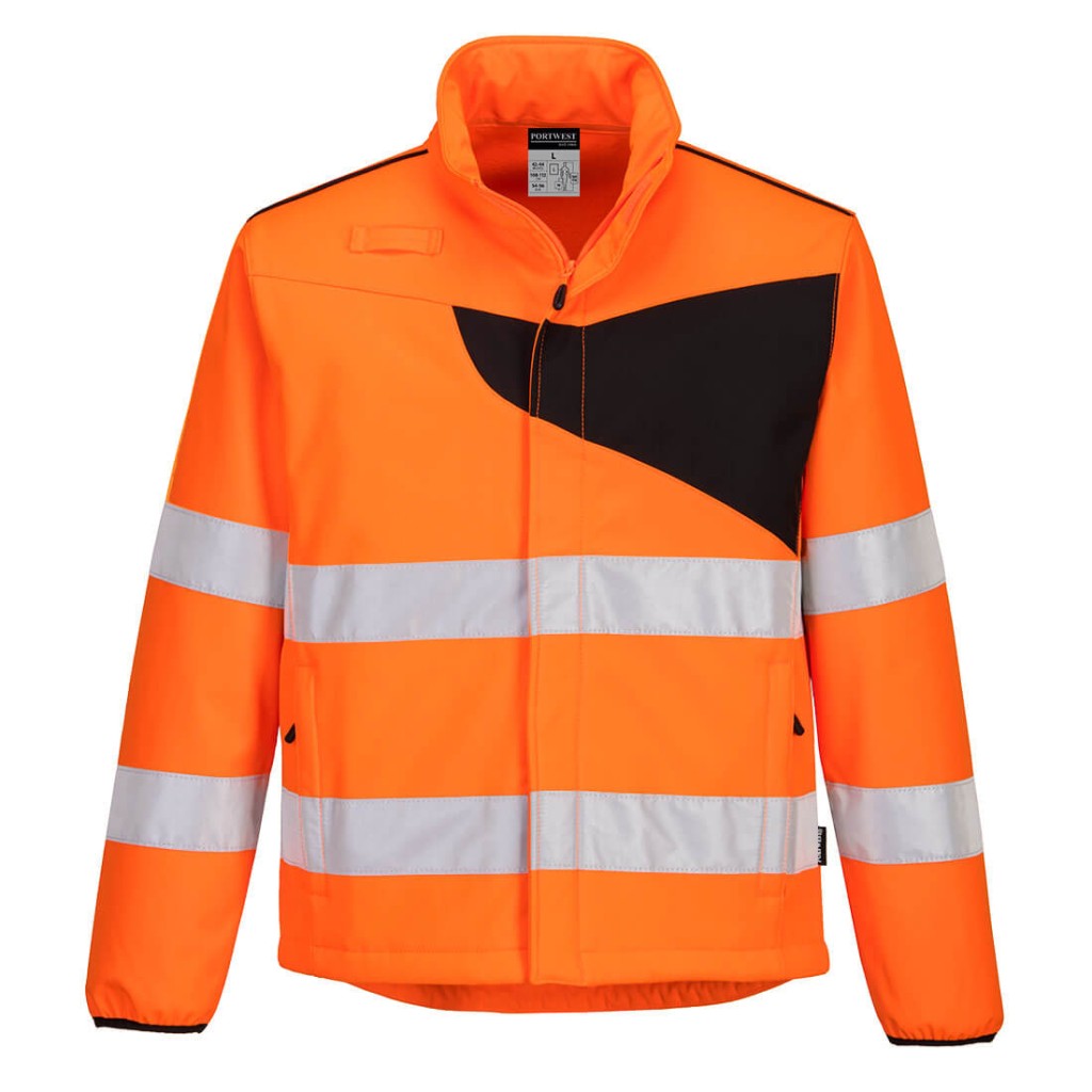 A high-visibility orange softshell jacket featuring retroreflective tape panels, suitable for a wide range of outdoor and site work applications.