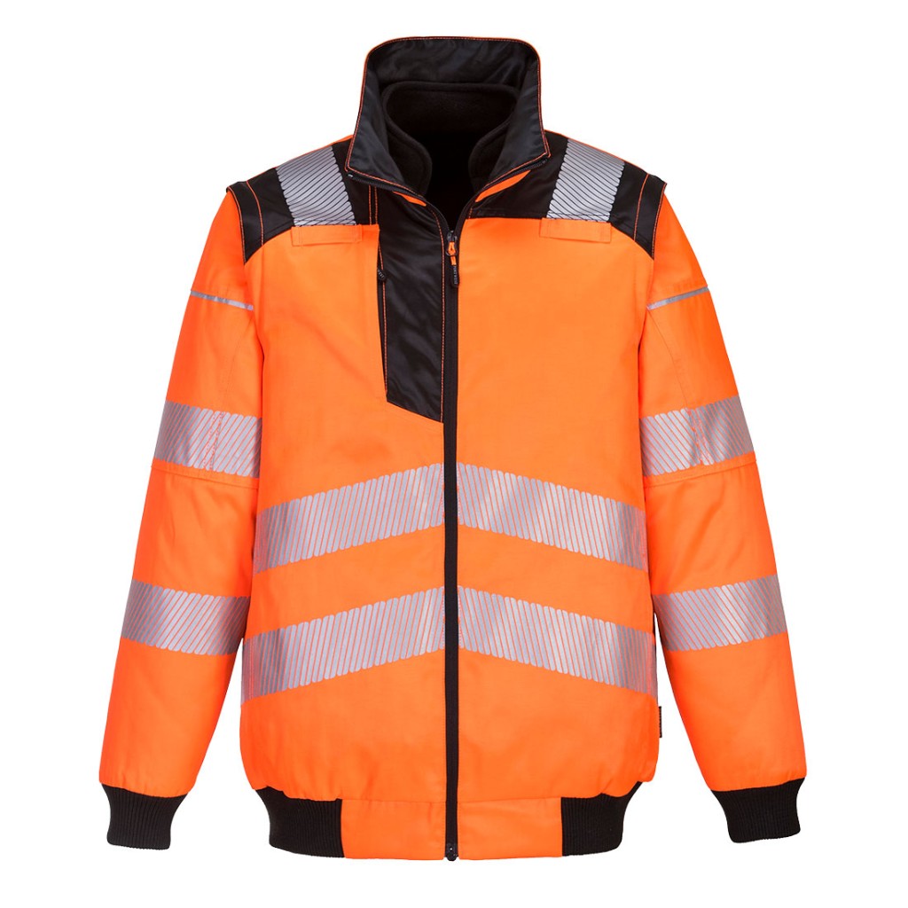 A high-visibility orange jacket featuring retroreflective tape panels, suitable for a wide range of outdoor and site work applications.