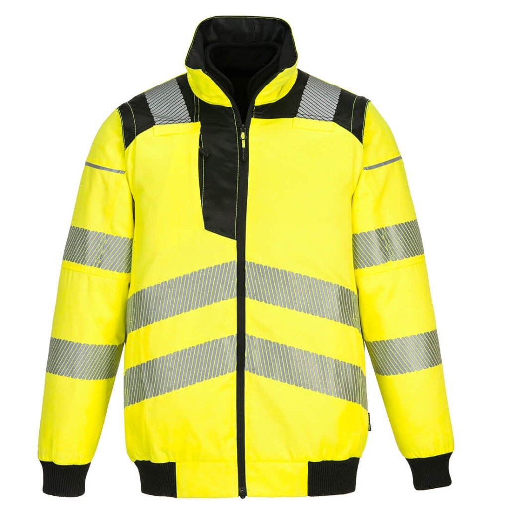 A high-visibility yellow jacket featuring retroreflective tape panels, suitable for a wide range of outdoor and site work applications.