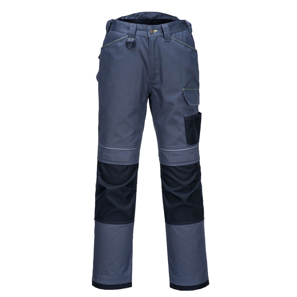 A pair of grey work trousers featuring stretch panels for ease of movement, suitable for a wide range of outdoor and site work applications.