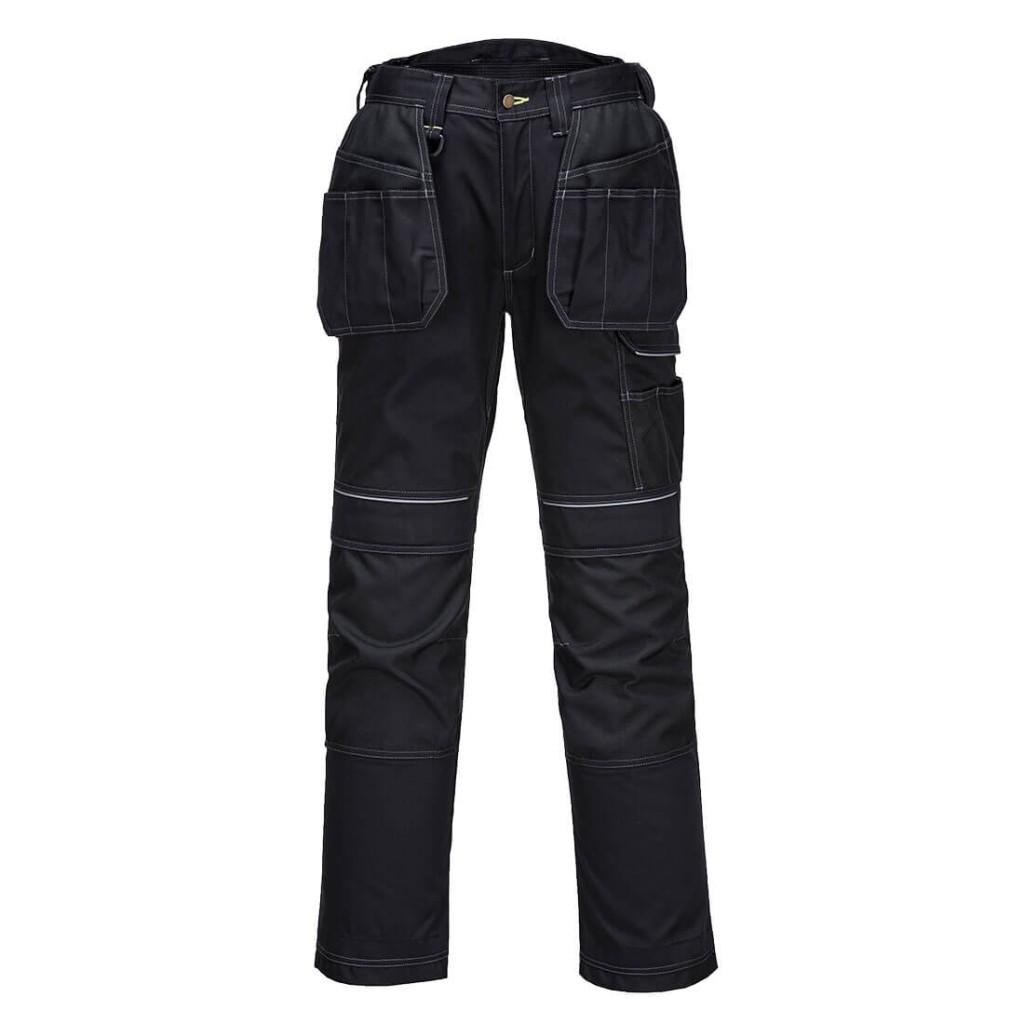 A pair of black work trousers featuring stretch panels for ease of movement, suitable for a wide range of outdoor and site work applications.