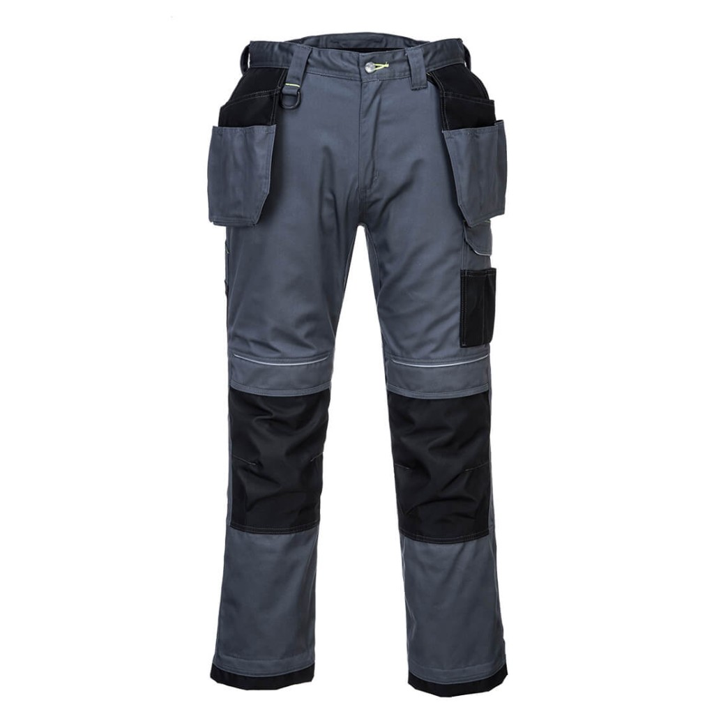 A pair of grey work trousers featuring stretch panels for ease of movement, suitable for a wide range of outdoor and site work applications.