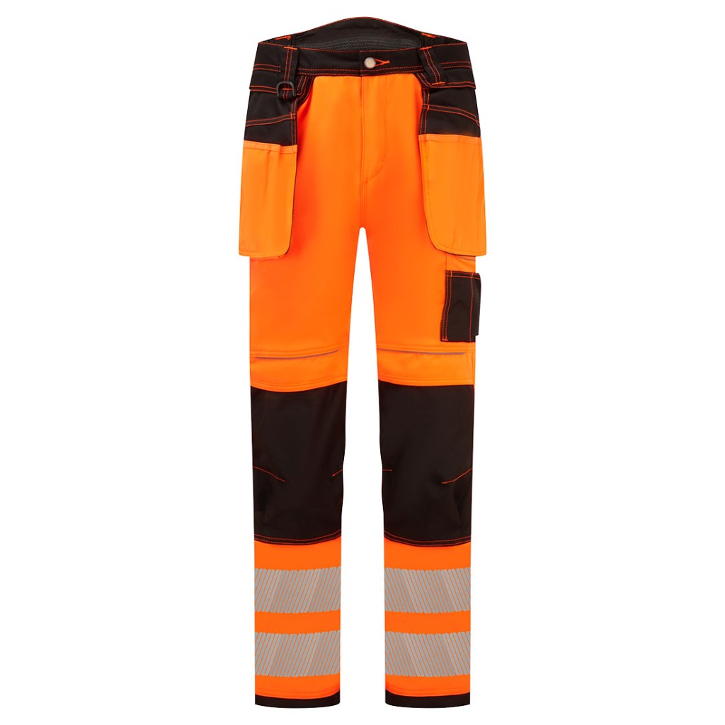 A pair of high-visibility orange trousers featuring retroreflective tape panels, functional pockets, stretch panels for ease of movement, suitable for a wide range of outdoor and site work applications.