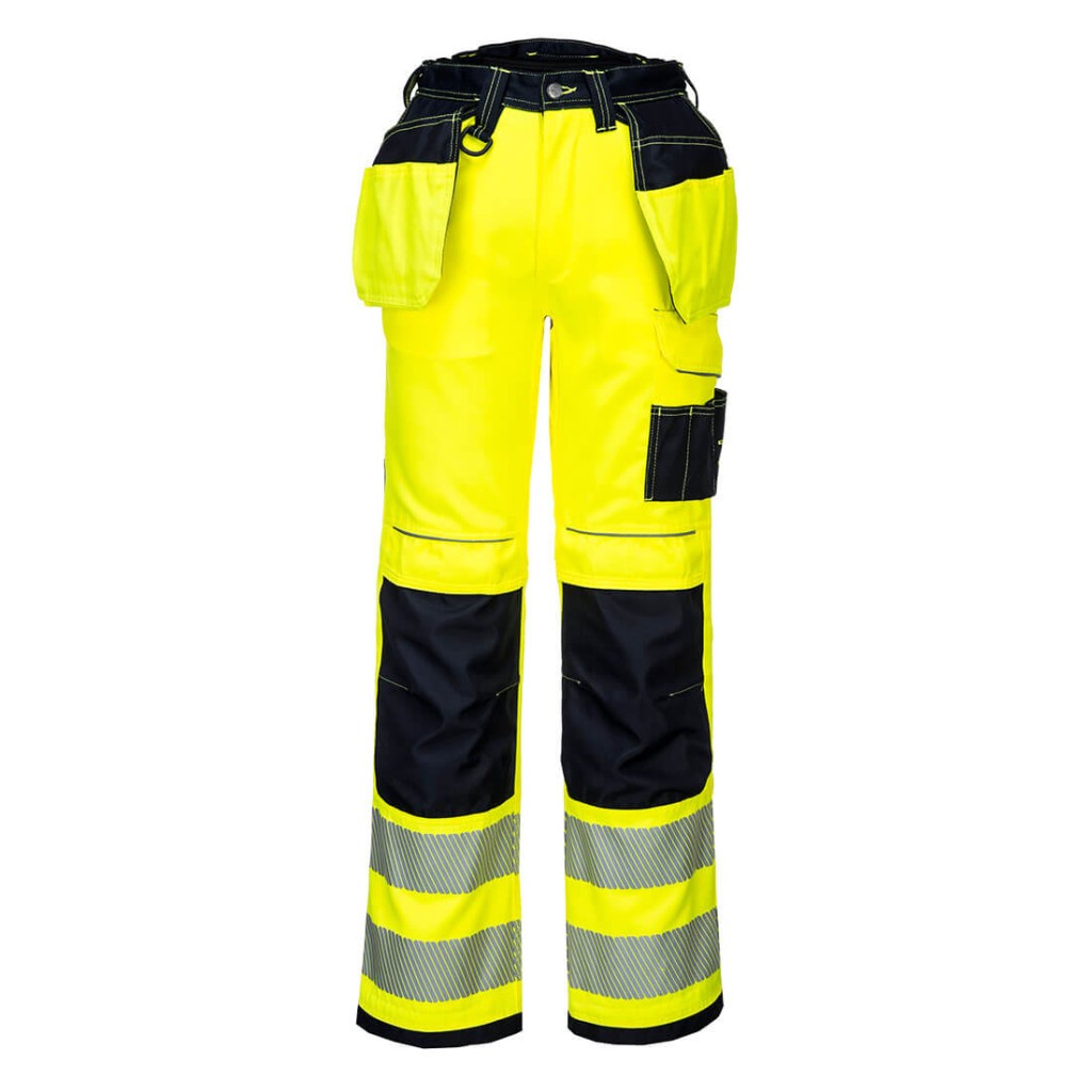 A pair of high-visibility yellow trousers featuring retroreflective tape panels, functional pockets, stretch panels for ease of movement, suitable for a wide range of outdoor and site work applications.