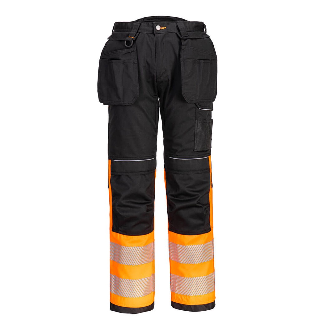 A pair of high-visibility orange trousers featuring retroreflective tape panels, functional pockets, suitable for a wide range of outdoor and site work applications.