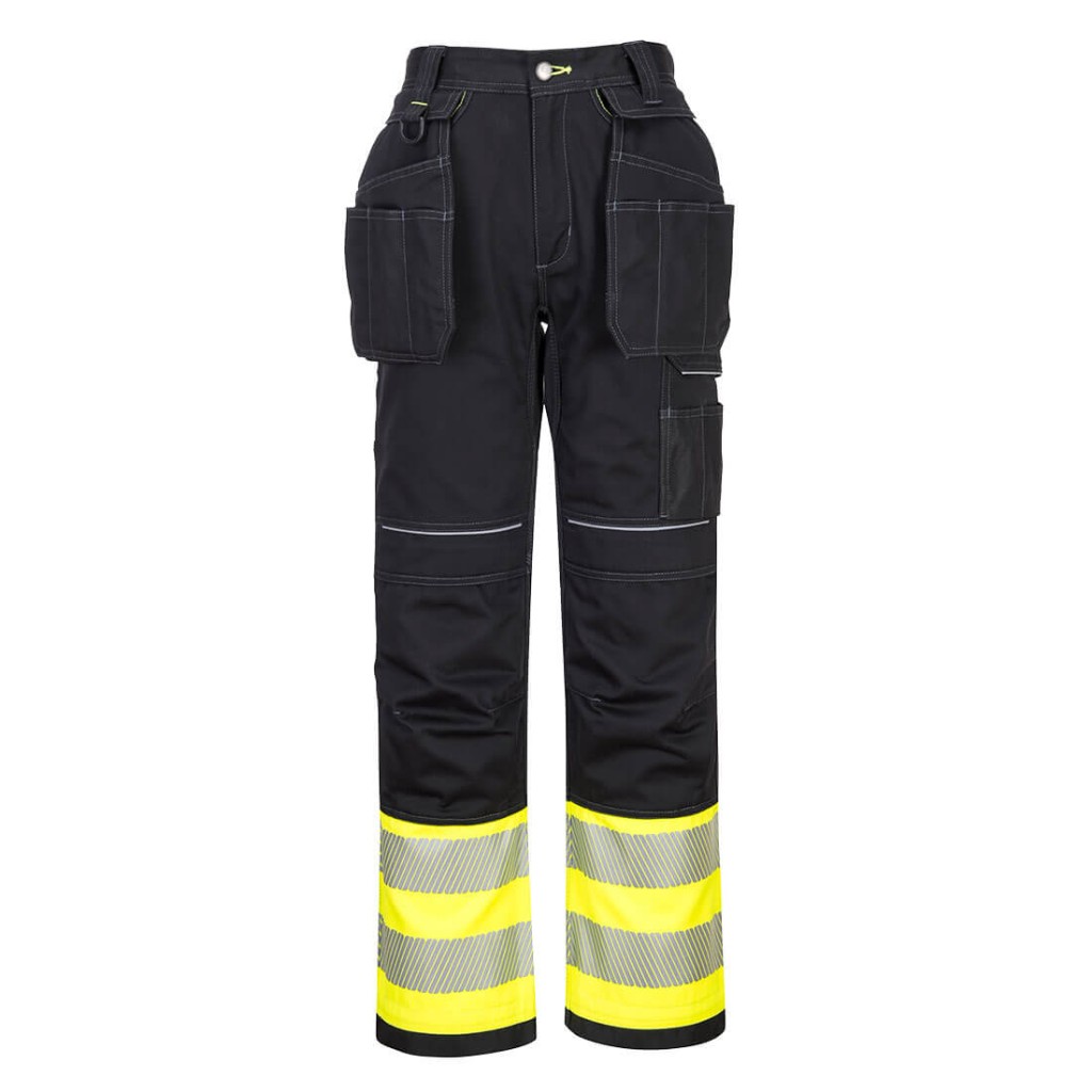 A pair of high-visibility yellow trousers featuring retroreflective tape panels, functional pockets, suitable for a wide range of outdoor and site work applications.