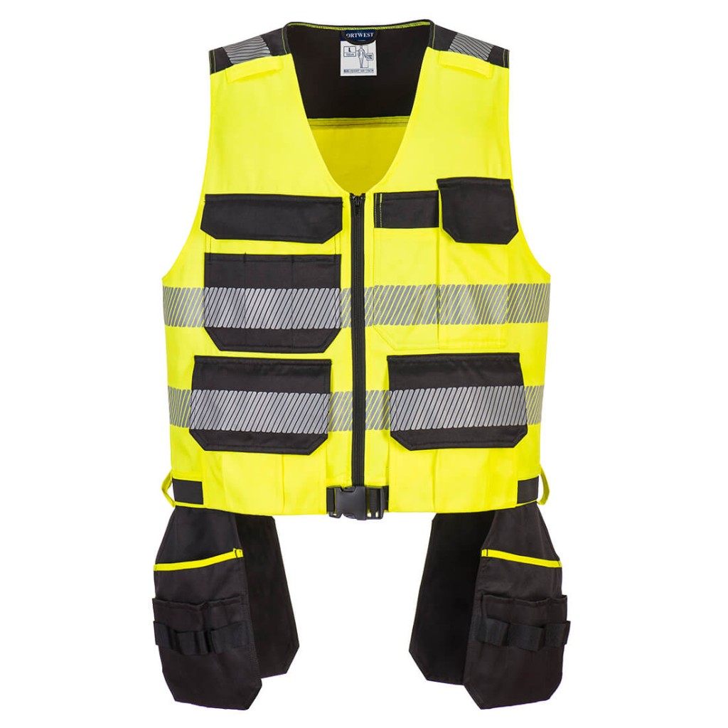 A high-visibility yellow vest featuring retroreflective tape panels, suitable for a wide range of outdoor and site work applications.