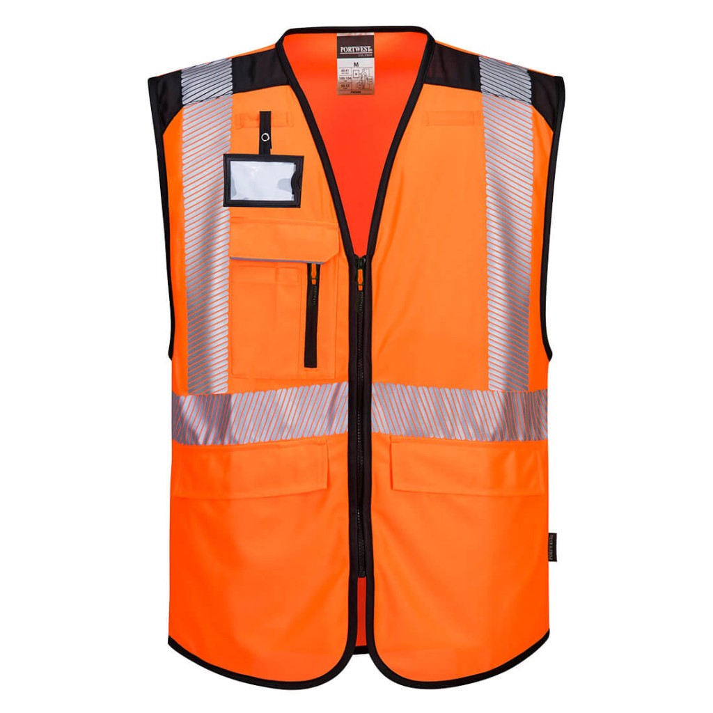 A high-visibility orange vest featuring retroreflective tape panels, suitable for a wide range of outdoor and site work applications.