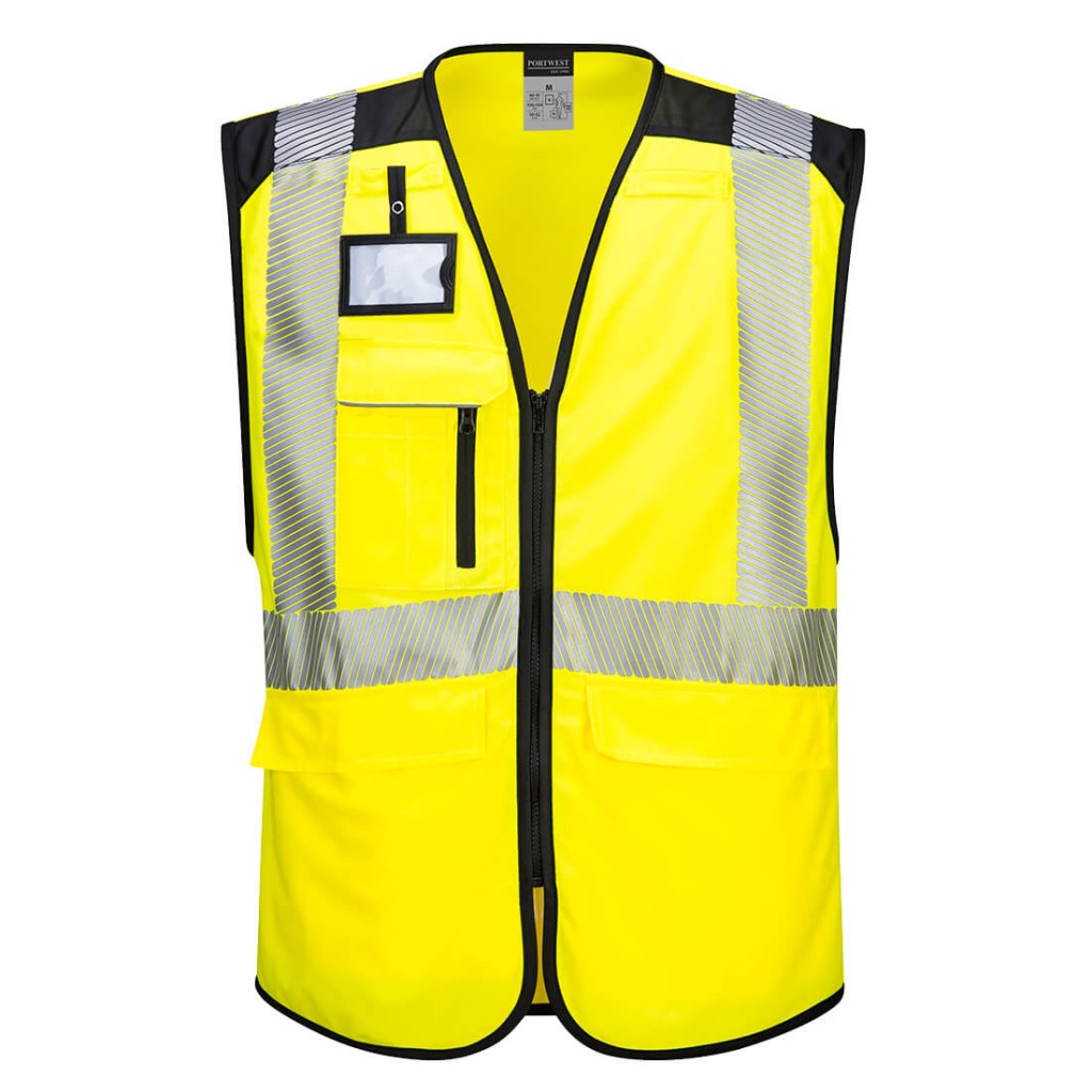 A high-visibility yellow vest featuring retroreflective tape panels, suitable for a wide range of outdoor and site work applications.