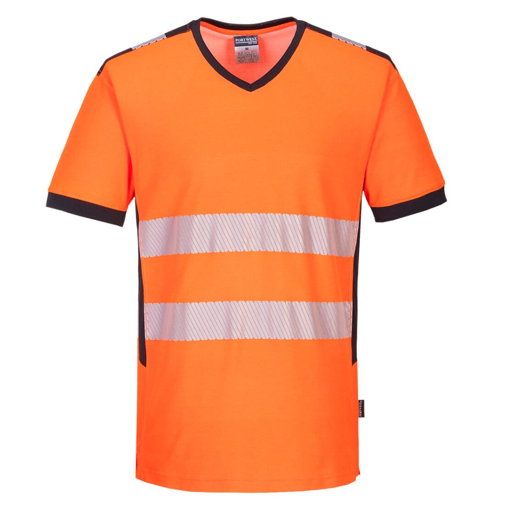 A high-visibility orange work shirt featuring retroreflective tape panels, suitable for a wide range of outdoor and site work applications.