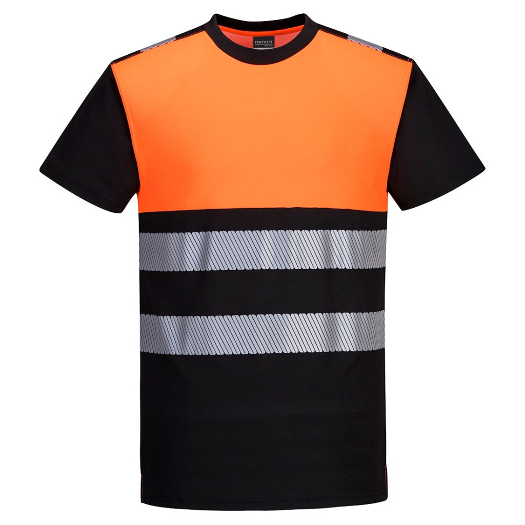 A high-visibility orange work shirt featuring retroreflective tape panels, suitable for a wide range of outdoor and site work applications.